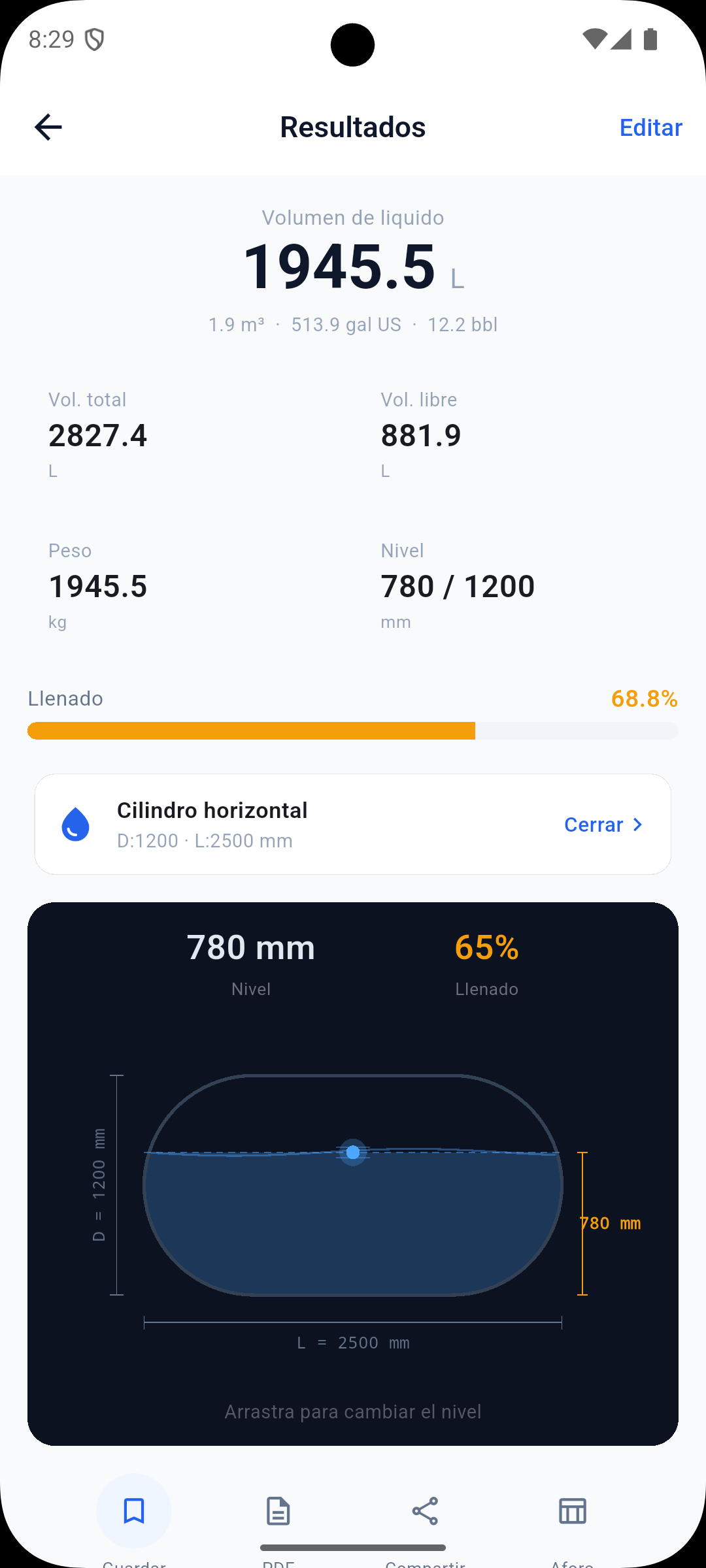 TankFill app — pantalla de resultados